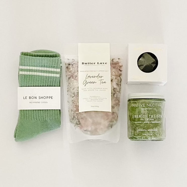 Konjac sponge, native nectar scrub, green socks and green tea bath soak make a pretty in green spa gift.