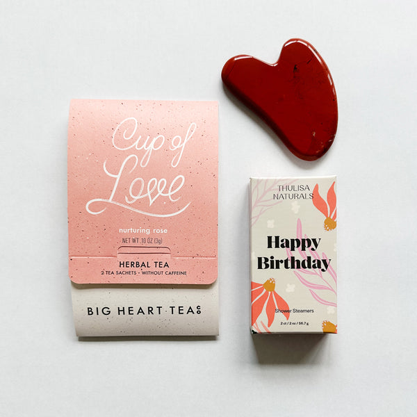 A cup of love tea for two, a red jasper gua she and shower steamers. Makes a lovely birthday gift.