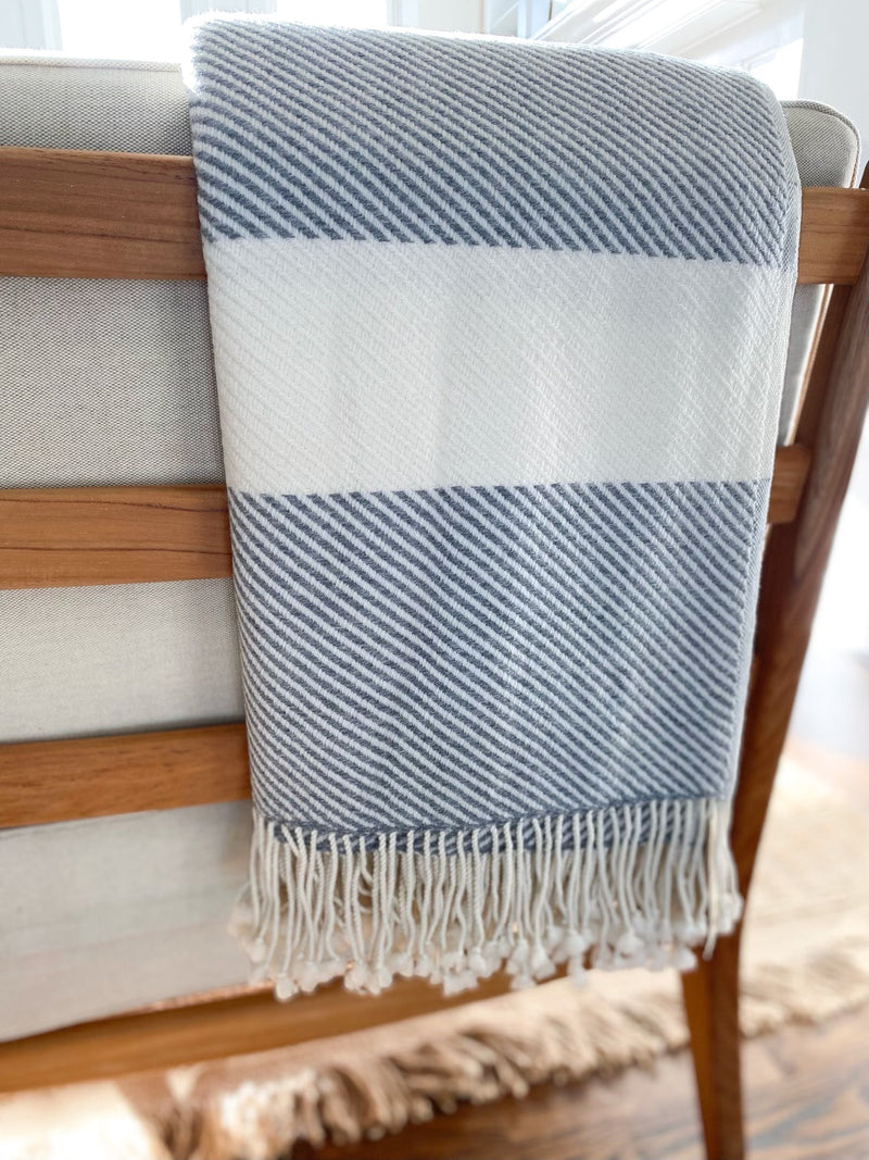 Solene blanket from Care by Me in a blue and white stripe.