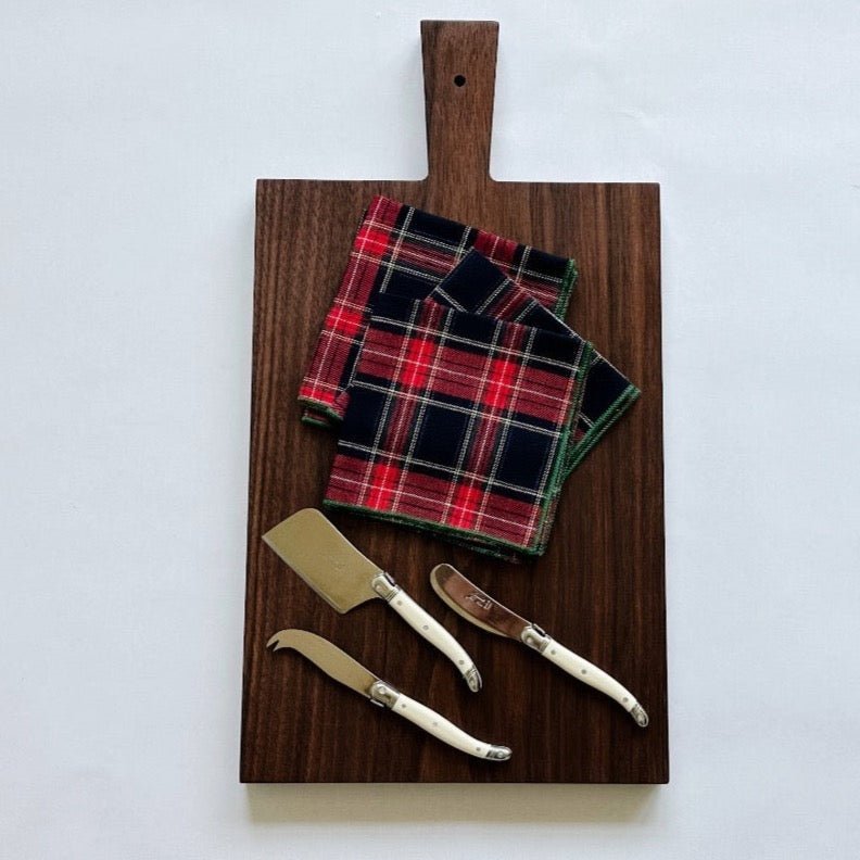 Adirondack kitchen wood board paired with tartan cocktail napkins and french cheese knives make a beautiful gift.
