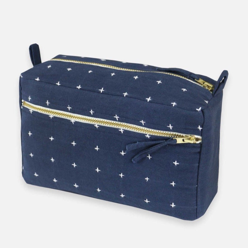Navy cross-stitched toiletry bag.  Great graduation gift.