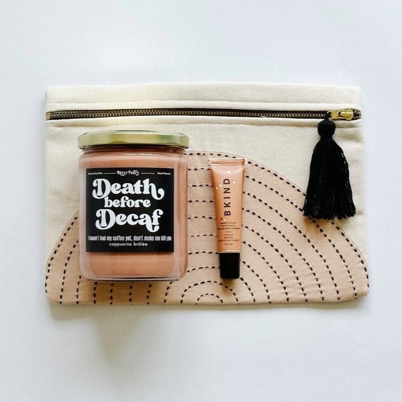 Anchal pouch clutch paired with Death, Before Decaf candle and Bkind lip balm makes a great gift for any college student.