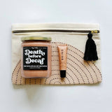 Anchal pouch clutch paired with Death, Before Decaf candle and Bkind lip balm makes a great gift for any college student.