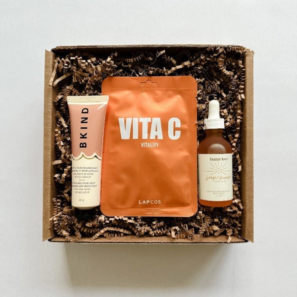 Vita C face mask from Lapcos paired with Bkind hand lotion and butter love body oil for the ultimate gift of beauty.