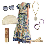 Summertime what to wear includes these East Third Collective gift ideas. The Half Moon Clutch from Bali Harvest, Nat and Noor Hoop earrings in periwinkle, Respelled Savannah necklace, Poppy and Pout lip balm in Billie, black sunglasses and neutral sandals.