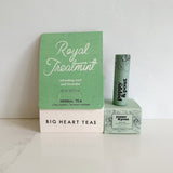 Cute collection of mint green products featuring Royal Treatment from Big Heart Tea and Poppy & Pout lip balm and scrub.