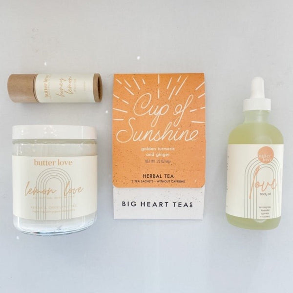Butter Love body oil, body butter and lip balm paired with Big Heart Tea Cup of Sunshine.