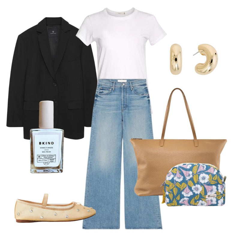 The perfect spring outfit featuring our shashi earrings, hemlock pouch and bkind nail polish.