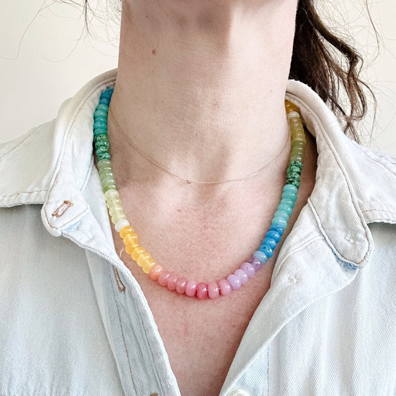 Rainbow colored bead necklace from East Third Collective and Etoiled.
