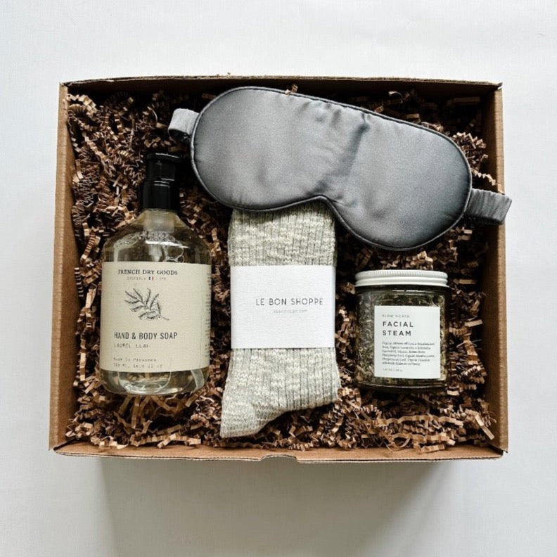 Delightful hand and body soap, facial steam, cozy socks and silk eye mask are the perfect way to show your love.