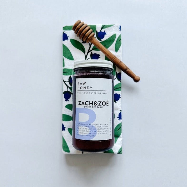 The sweetest gift features Hazelmade blueberry tea towel, Zach and Zoe honey and a sweet honey dipper.