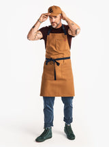 Brown apron with navy tie straps.  Great gift for the BBQ lover.