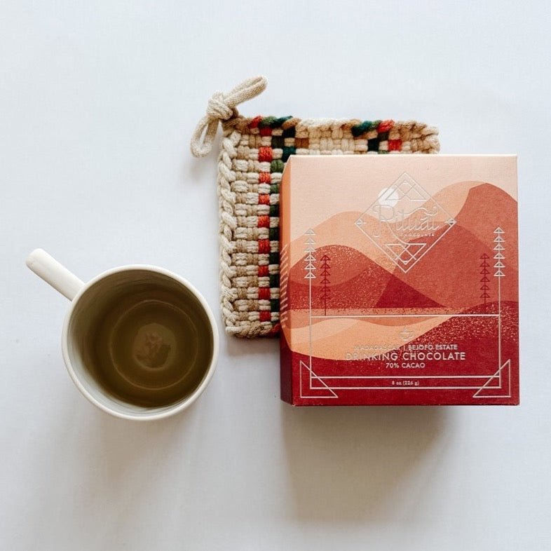 Kate Kilmurray potholder paired with Ritual drinking chocolate and a pretty mug.