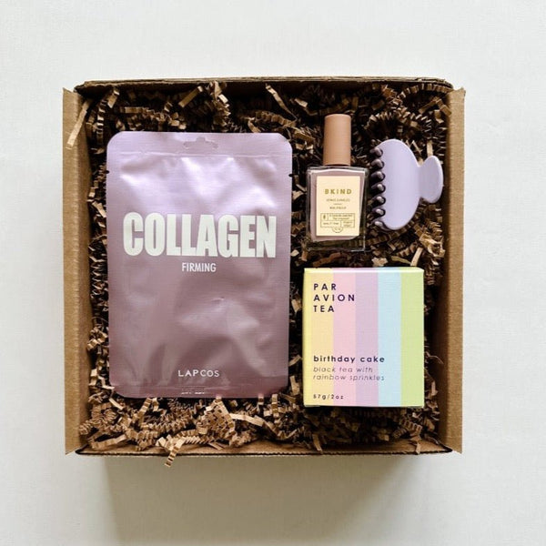 Lapcos Collagen face mask, Par Avion birthday tea, Bkind nail polish and lavender hair claw make a perfect birthday gift for someone special.