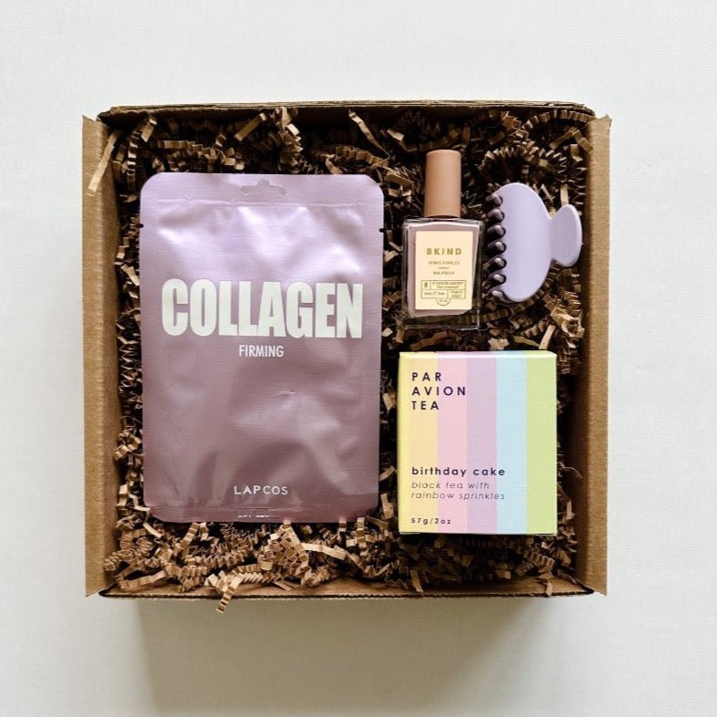 Lapcos Collagen face mask, Par Avion birthday tea, Bkind nail polish and lavender hair claw make a perfect birthday gift for someone special.