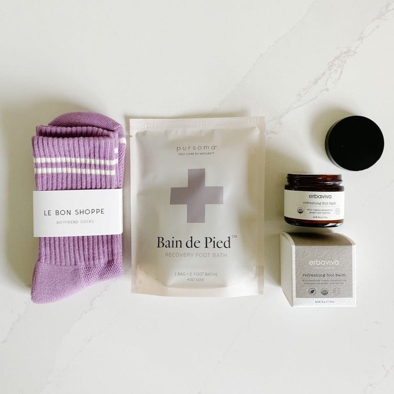 Le Bon Shoppe boyfriend socks paired with a foot soak and erbaviva foot balm to restore tired feet in style.