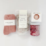 Le Bon Shoppe socks, Lavender Green tea bath soak, native nectar scrub and a konjac sponge for gifting in pink.