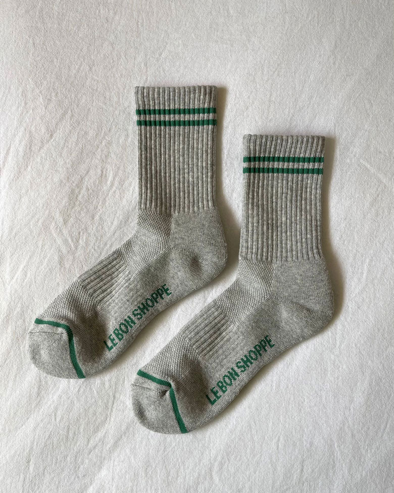 Le Bon Shoppe boyfriend sock in light grey with green stripe.
