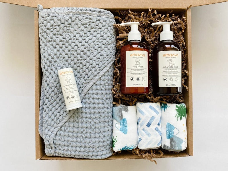 Magic Linen bath towel paired with erbaviva bath products and sweet baby washcloths. A sweet gift for the new addition.