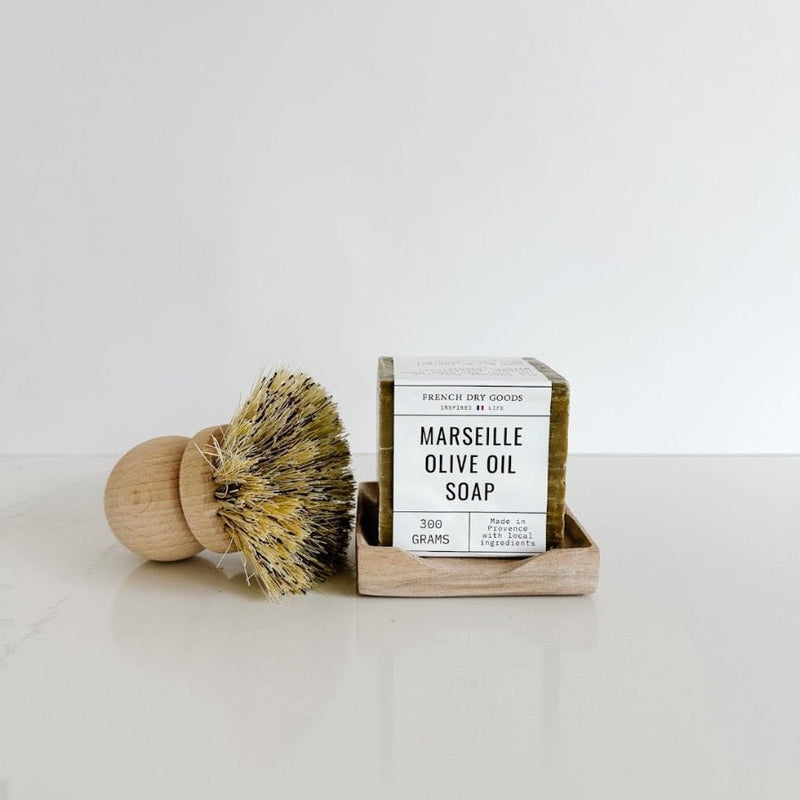 French Dry Goods wood tray, Marseille Olive Oil soap with Andree Jardin dish scrubber.