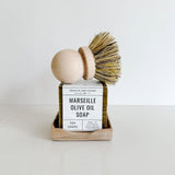 French Dry Goods Marseille Olive Oil soap with wood tray and scrub brush. A perfect new home gift!