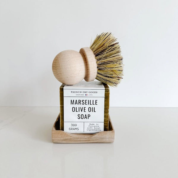 French Dry Goods wood tray, Marseille Olive Oil soap with Andree Jardin dish scrubber. 