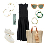 A black dress, white Reeboks, and East Third Collective gift accessories including the Mar y Sol Marley Tote, Poppy and Pout lip balm in sweet mint, Shashi Salvador Earrings, and the Etoiled Jewelry leap frog and moonbeam beaded bracelets.