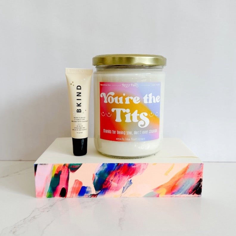 Moglea candy swirl notepad paired with You're the Tits candle and Bkind lip balm will put a smile on their face.