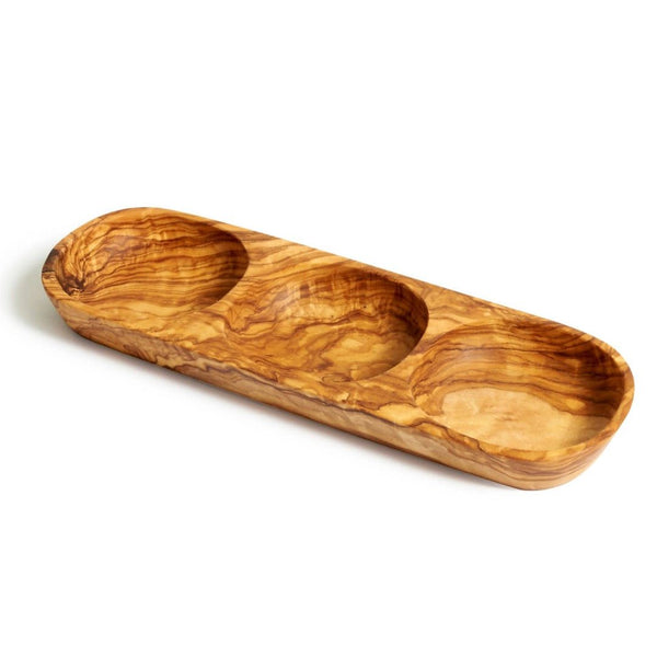 An olive wood tray with three sections.