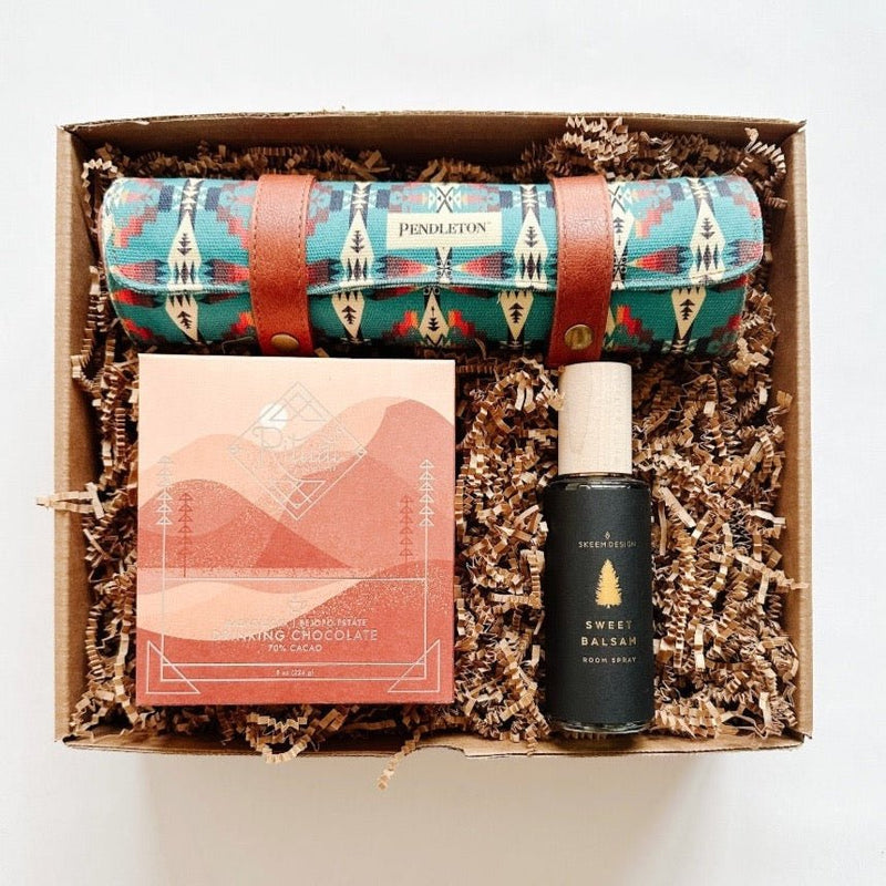 Pendleton backgammon paired with Ritual drinking chocolate and sweet balsam room spray from Skeem.