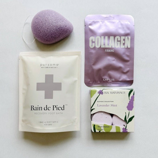 Pursoma foot bath paired with konjac sponge, collagen face mask and lavender mint shower steamers.