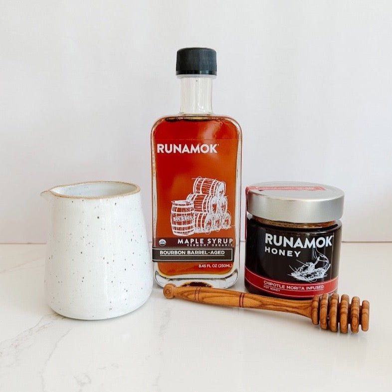 Runamok bourbon maple syrup paired with m.bueno pour bowl, Hot Honey and honey dipper. The complete sweet set.