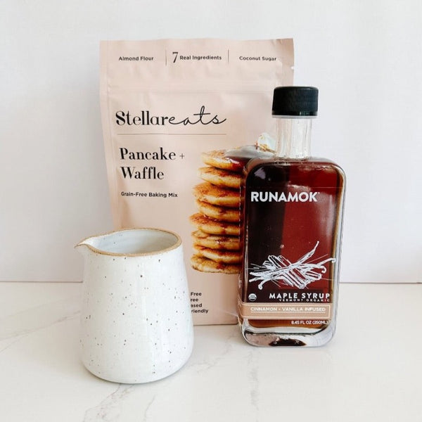 Runamok cinnamon and vanilla syrup paired with a handmade pour bowl and Stellar eats Pancake Mix.
