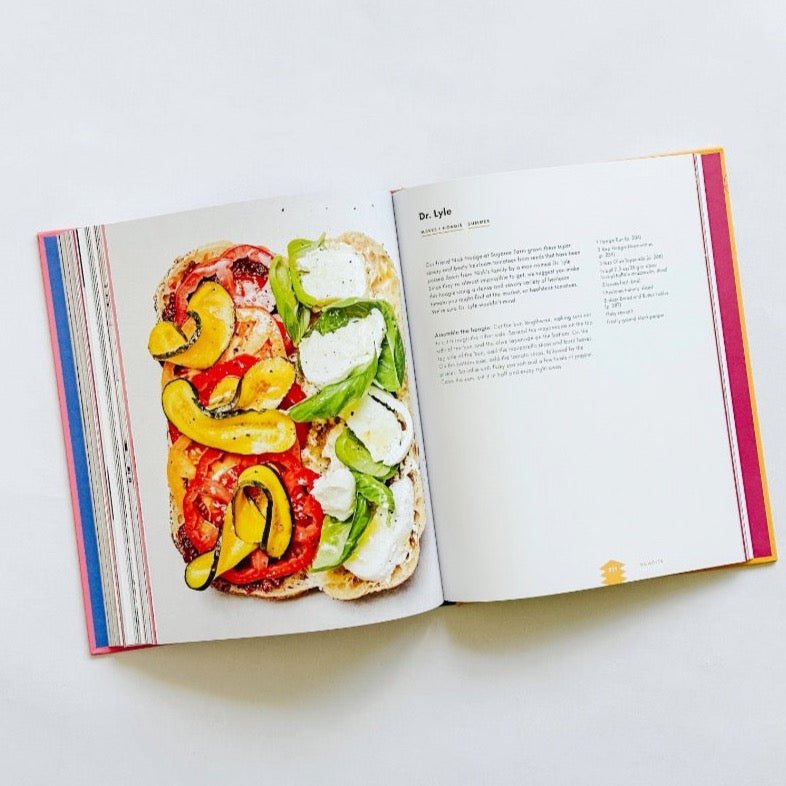 Salad Pizza Wine book open to a delicious vegetable pizza. Perfect gift for the foodie.