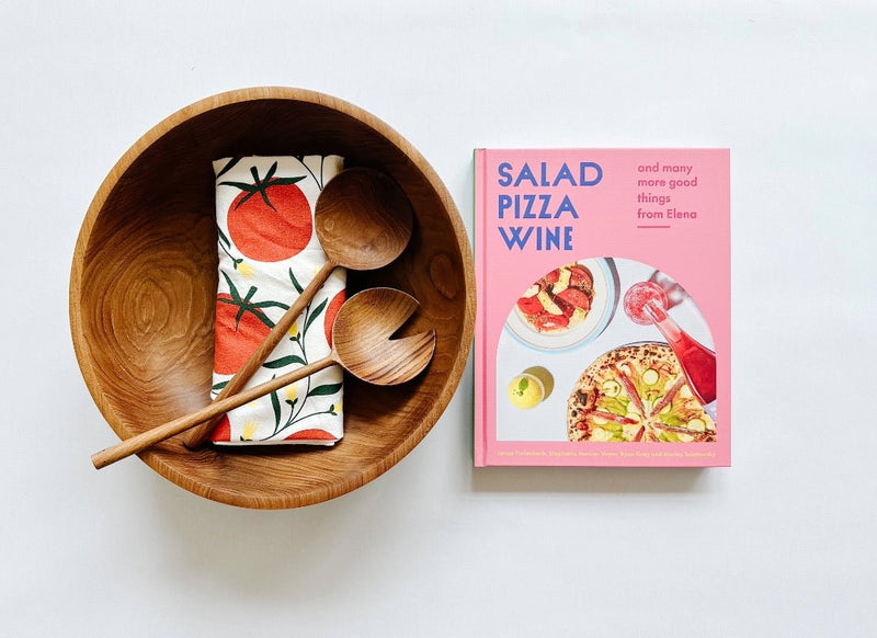 Salad Pizza Wine book paired with beautiful wood bowl and salad servers and a Hazelmade tomato tea towel. 