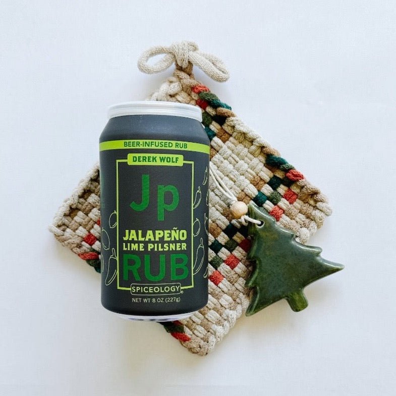 Spiceology jalapeno lime pilsner rub paired with Kate Kilmurray potholder and pretty tree ornament.