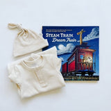 Mebie Baby gown and hat paired with Steam Train, Dream Train makes a great baby gift.