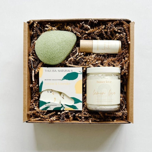 Send them peace and calm with konjac sponge, thulisa naturals shower steamers and butter love body butter and lip balm.