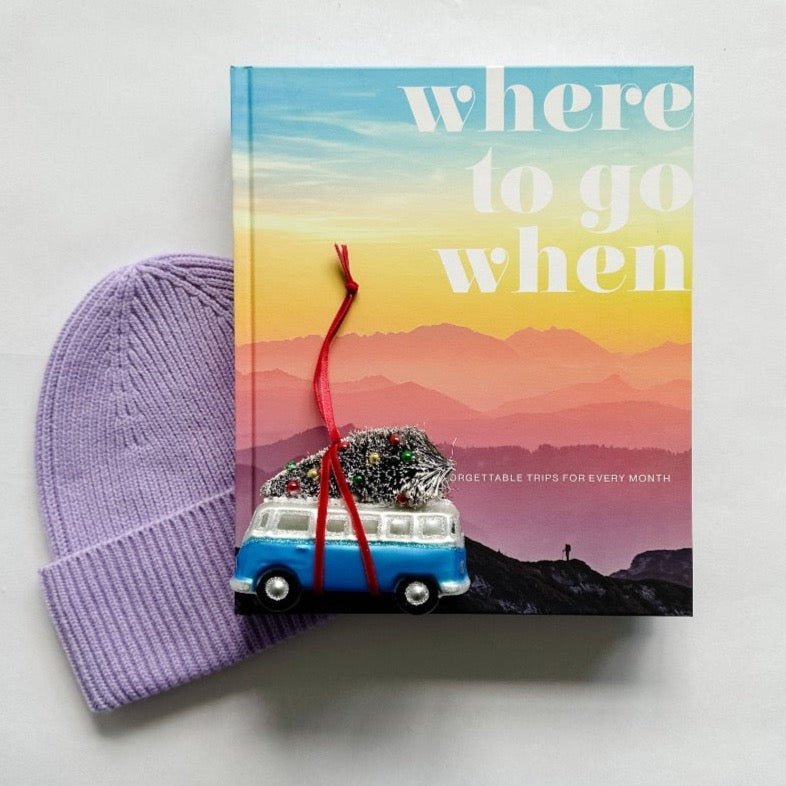 Brighten their holiday with Where to go when book paired with a lavender beanie and VW xmas ornament.