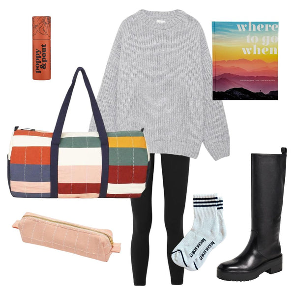 A graphic filled with what to wear. The image includes a pink grid small pouch from Anchal, a patchwork weekender duffel bag, Poppy and Pout blood orange lip balm in the top left, gray sweater over black leggings, white socks with navy stripes from Le Bon Shoppe, black rain boots and the Where to go When book. 