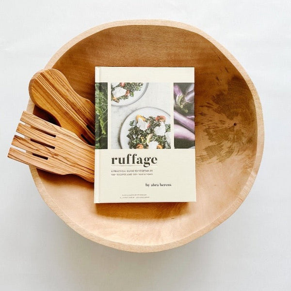 Gorgeous wood bowl paired with salad hands and Ruffage cookbook making a great gift for the health nut!