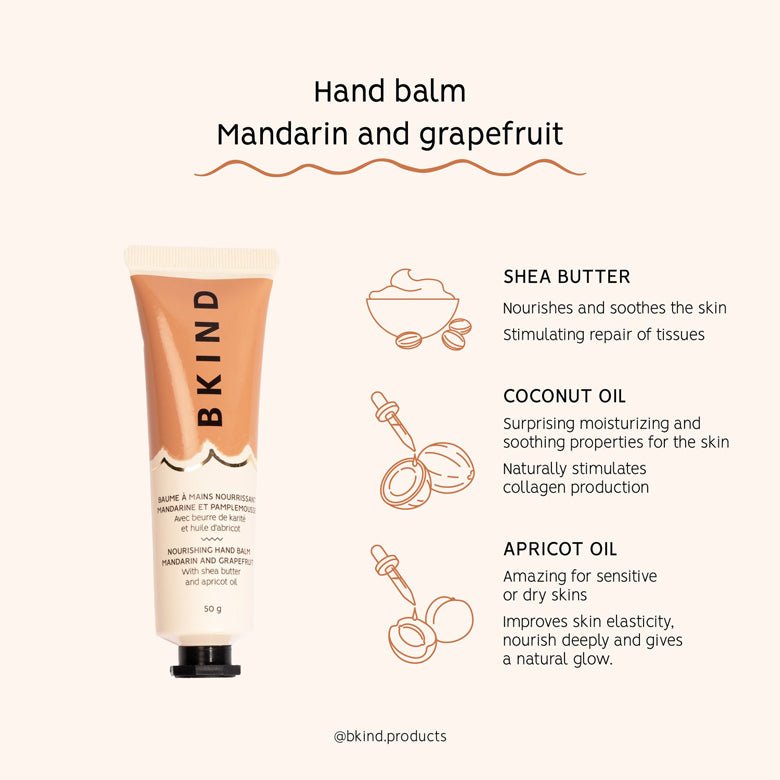Mandarin and grapefruit hand balm from bkind includes shea butter, coconut oil and apricot oil.
