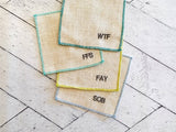 Dot and Army bestselling cocktail coasters with embroidered swear words.