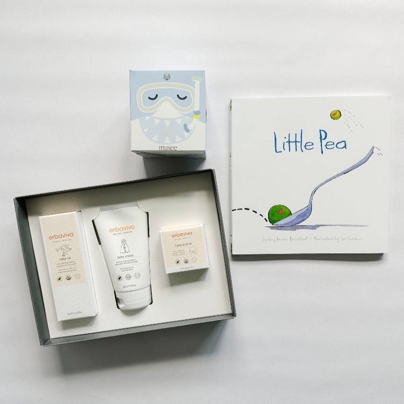 Erbaviva bath products paired with Little Pea book and a bath balm from Musee. What a sweet gift for any child.
