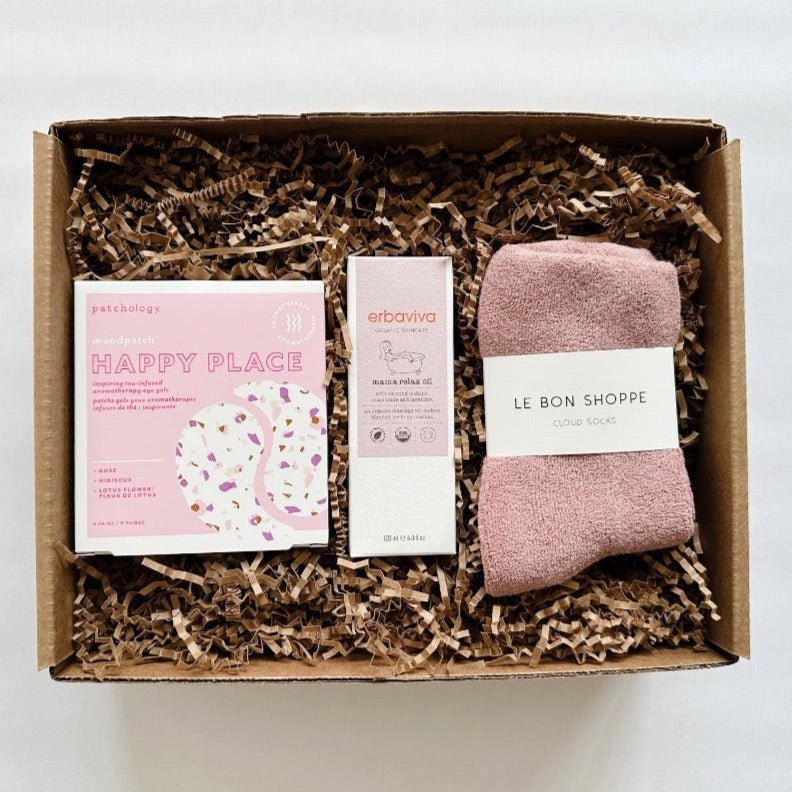 Mama relax oil from Erbaviva paired with Le Bon Shoppe socks and happy place eye gels. Any new mom would love this gift.
