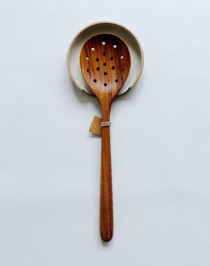 M.bueno handmade spoon rest and teak strainer spoon make a beautiful gift.