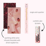 A graphic image of what is included in East Third Collective Birthday Wishes Bundle. Shows a Ritual Chocolate candy bar called the Aprés Chocolate, a birthday wish sparkler, and confetti cake lip balm from Poppy and Pout.