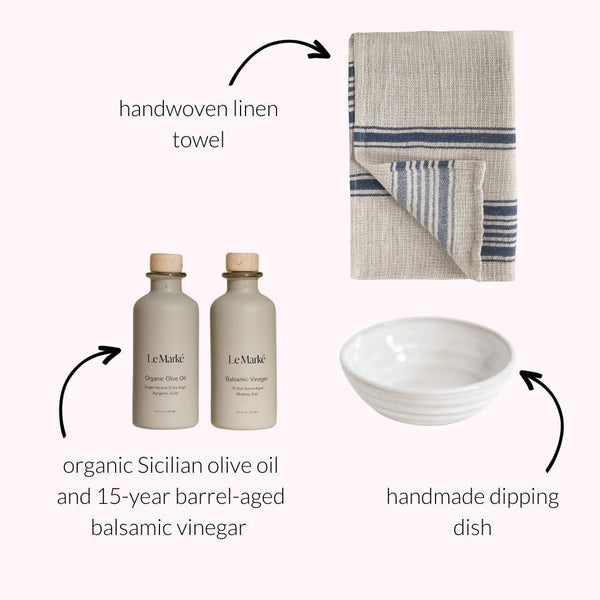 Featuring Gravesco small dipping dish, Le Marke olive oil and vinegar and beautiful linen dish cloth.
